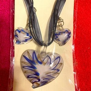 Glass necklace, earrings set. ❤️ is the size of a walnut,earrings hazelnuts size